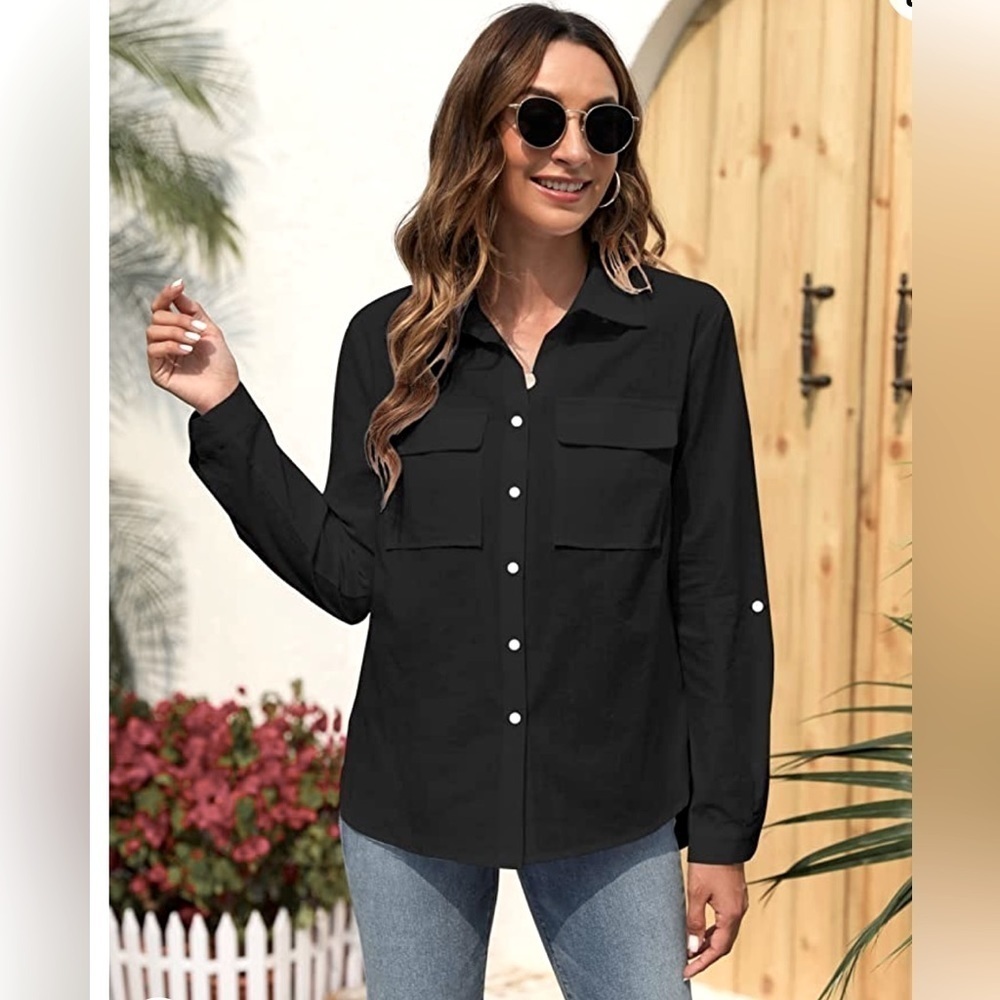 V-neck Button Down long sleeve Black Top. Size Small - Picture 3 of 9